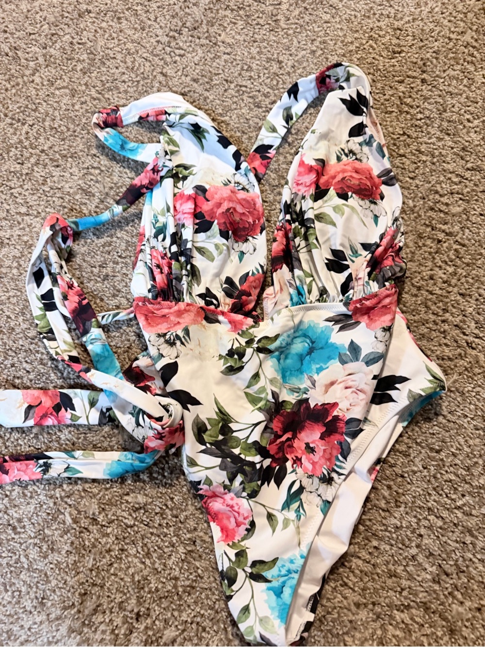 Cupshe White Floral One-Piece Swimsuit with Pink Red and Blue Blooms